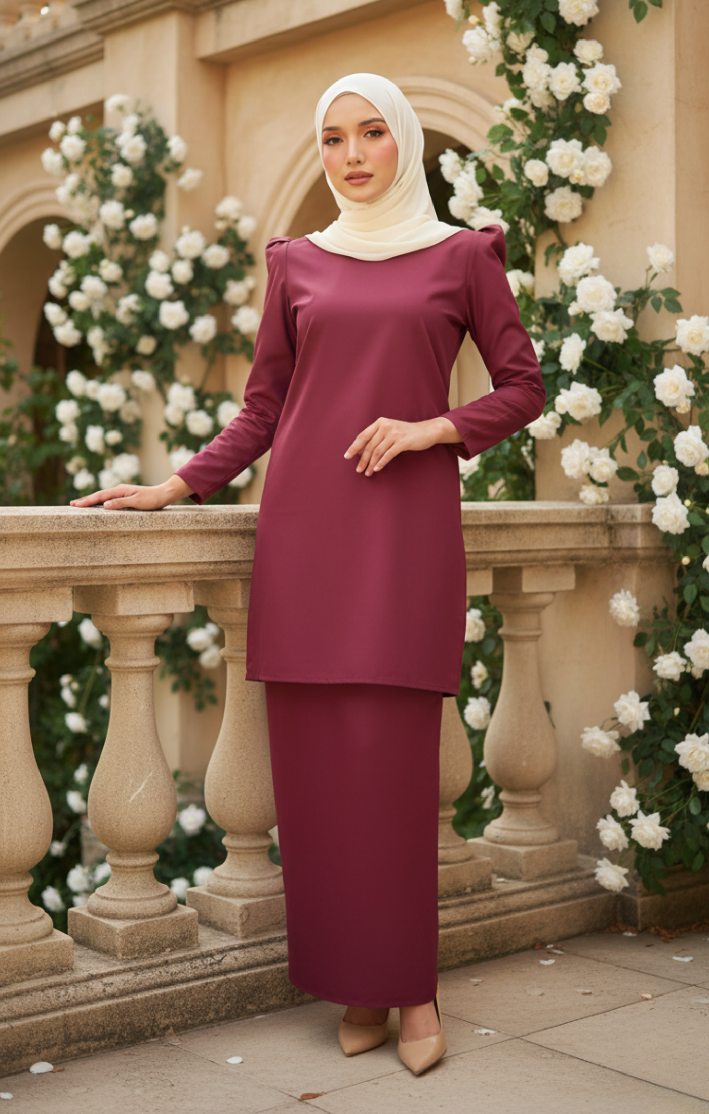 KUNTUM KURUNG MODEN PLAIN | MAROON